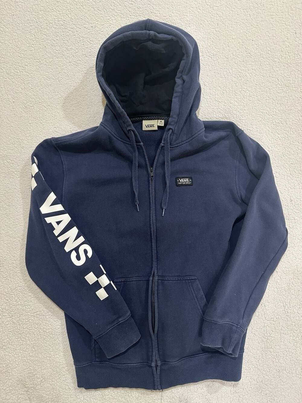 Vans Off The Wall Checkerboard Sleeve Zip-Up Hoodie Navy Blue Size M